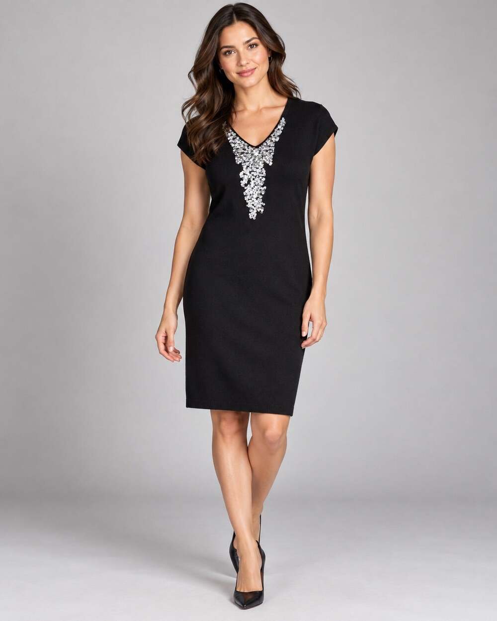 Adrienne Vittadini Petite Black Silk Blend Sequin Sweater Dress PM Holiday Dress